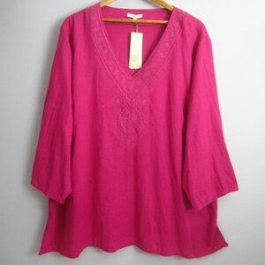 New St Tropez West Womens Plus 3X Purple Embroided Linen Blend Shirt Tunic NWT